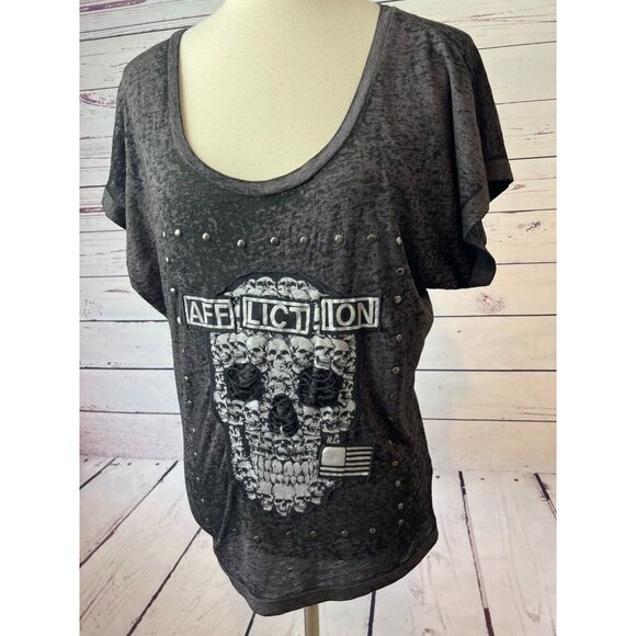 Affliction Skull Tee Shirt Small Burnout T-Shirt Studded Goth‎ Grunge Flag USA - Picture 1 of 7
